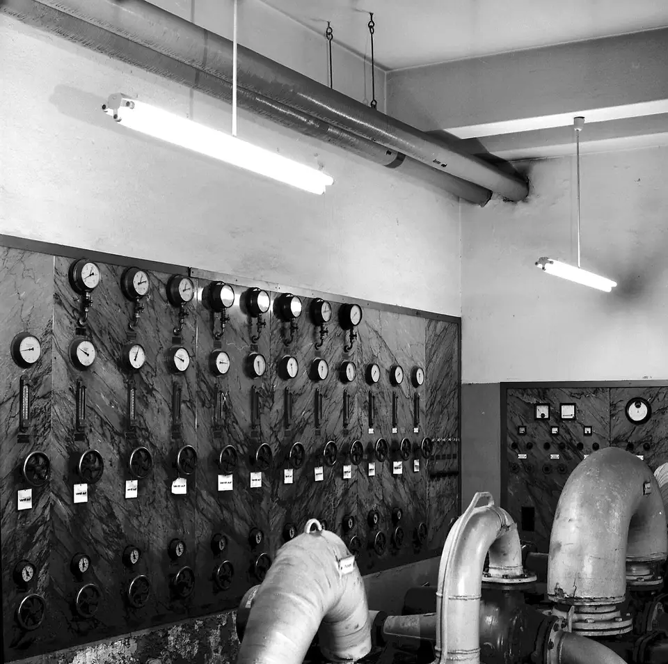 Mechanical room with boiler and heating pipes